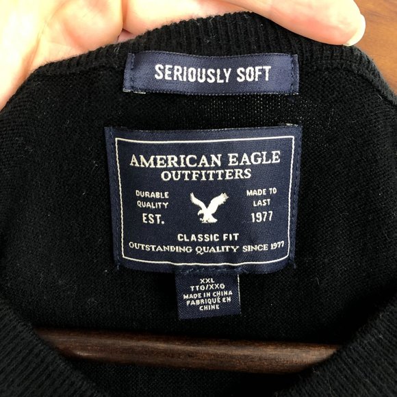 American Eagle AEO Men's XXL Black Seriously Soft Wool Blend Classic Fit Sweater - Picture 6 of 9